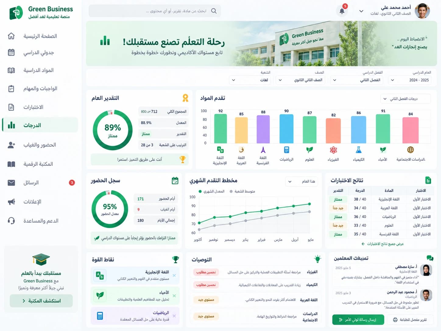 متابعة درجات وأداء الطالب الأكاديمي