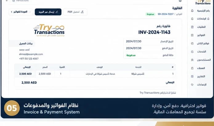 نظام الفواتير والمدفوعات في Try Transactions